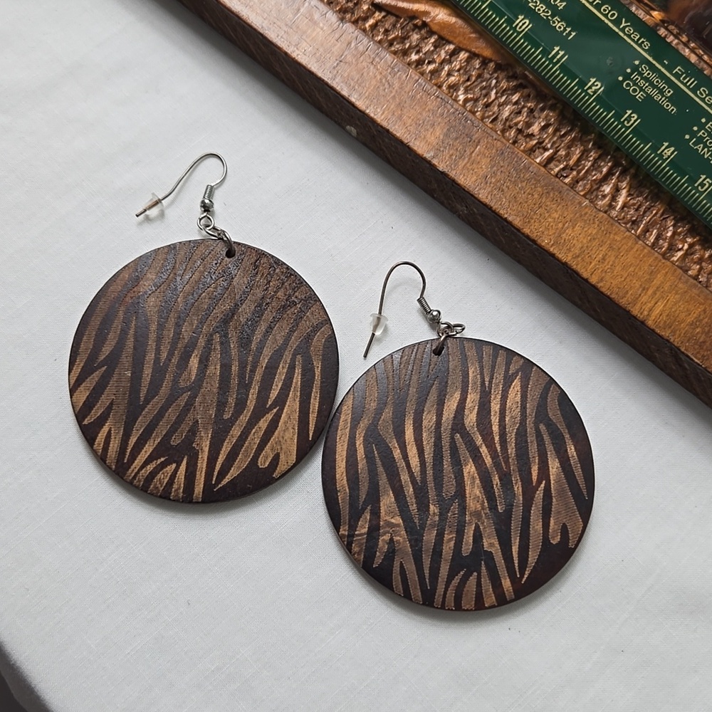 Wooden Brown  Zebra Print Style  Round Earrings